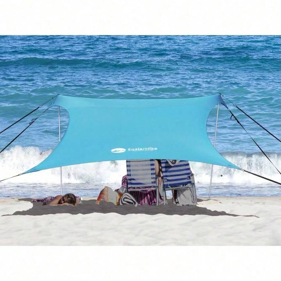 Toldo de playa, diseño resistente al viento, refugio solar FPS50+, tienda familiar portátil con 6 anclajes de sacos de arena, 2x2 m, 2 postes, refugio para playa, camping, pesca y picnics - Turquesa - Ver 1