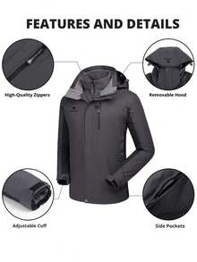 CAMEL CROWN Men's 3-In-1 Waterproof Ski Jacket, Winter Outdoor Hooded Windproof Warm Fleece Coat - Grey - View 2