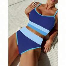 Sporty Striped Swimwear Set - Women's Wire-Free Comfort Top & Stretch Bottom, Ideal For Beach & Pool - Màu xanh lam - Xem 4