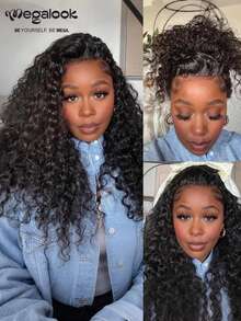 MEGALOOK Peruca Lace Front 360 Deep Curly 100% Cabelo Humano, Tira Invisível, Ajuste Firme, Sem Cola, Cor Natural, Pré-Arrancada, Renda Pré-Cortada, Cabelo Brasileiro, Peruca Lace Frontal Transparente para Mulheres - SNatural - Visão 3