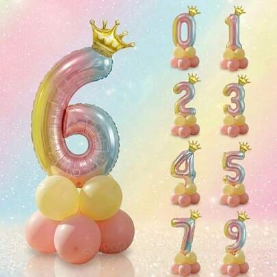 10个/套 32英寸渐变数字0-9生日派对装饰气球，迷你金色皇冠造型铝箔气球，10英寸金属蓝色乳胶气球，5英寸金属银色乳胶气球，适用于婴儿派对、公主主题、独角兽主题、夏季主题、冰淇淋主题、海滩派对装饰