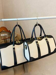 1pc Canvas Contrast Color Patchwork Fashion Duffle Bag, Unisex Travel Luggage, Suitable For Overnight Tay, Commuting, Short-Distance Travel(Small Size For Commuting, Large Size For Short-Trip) Travel Bag Luggage Bag Overnight Bag Large Capacity Durable Travel Organizer Cruise Essential Vacation Essentials For Men Women Travel Essential Holiday Essential Travel Must Haves - Blue - View 6