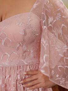 Square-Necked Embroidered Lace With Oblique Flared Sleeves And High-End Evening Dresses - Pink - View 6