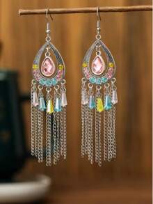 Chinese Style Multi-Layer Long Tassel Earrings, Fashion Crystal Rhinestone Waterdrop Earrings, Elegant Gift For Holidays - Blue - View 9