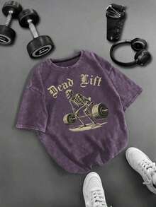 1pcsManfinity Sport Corelite Men's Letter Print Round Neck Loose Fit Short Sleeve Sports T-Shirt Acid Wash T Shirt Oversized Tees Baggy T Shirt Oversi - 紫色 - 查看 3