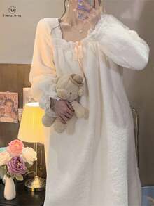 Timetallking [Pajama Specialty Store] Super Warm, Fluffy, Fleece-Lined Nightgown, Cute Loungewear, Flannel, Princess Style, Warm, Fluffy, Loungewear, Soft, Thick Pajamas For Fall/Winter - trắng - Xem 5