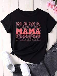 Mama Leopard Print Graphic T-Shirt Women Casual Short Sleeve Top Fashion Statement Tee Shirt White Pink Design Motherhood Gift - 黑色 - 查看 2