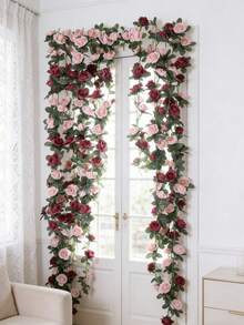 2 pièces/Paquet Vigne de fleurs artificielles, 45 têtes de fausses roses en guirlande, décoration pour maison, hôtel, bureau, mariage, fête, jardin, cadeau de la Saint-Valentin - rouge + rose - Voir 9