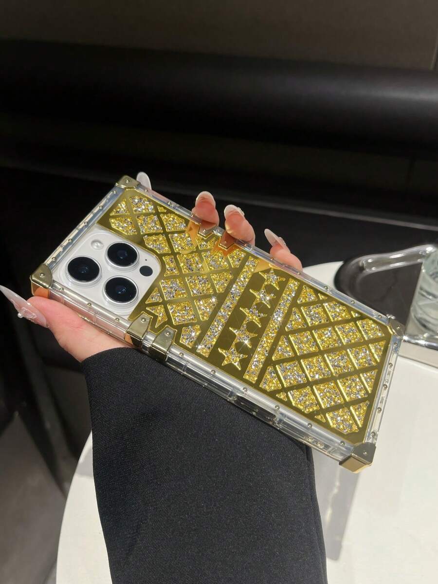 1 Peça Capa de Telefone Antiderrapante Transparente Grossa de TPU com Estrela Dourada em Forma de Losango, Compatível com iPhone 16 Pro Max