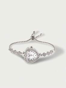 Glisma 1 件女士银合金爱心形手表，配有优雅的阿拉伯数字表盘和石英机芯。手镯款式，尺寸易于调整，适合日常佩戴和装饰，可作为返校学生的礼物 - 銀色 - 查看 4