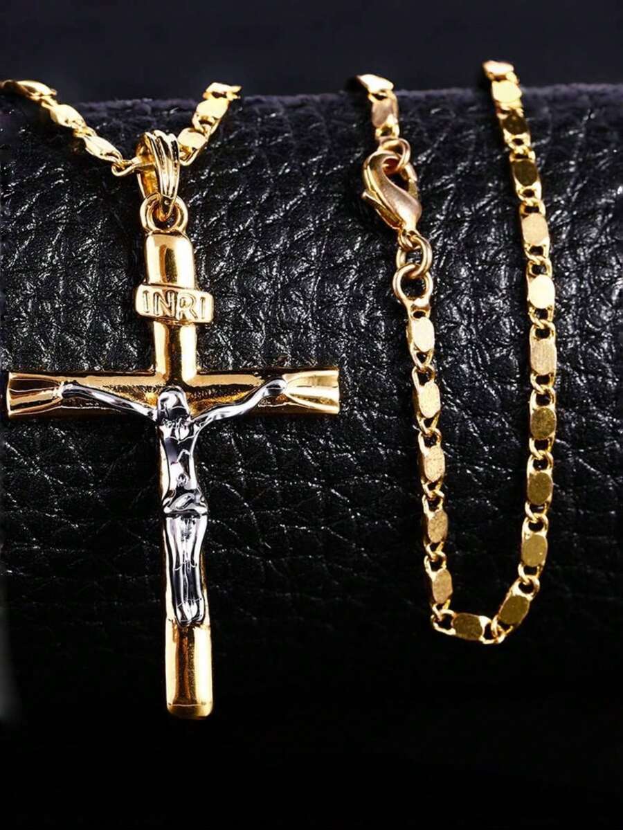 1pc Men's Vintage Sacred Jesus Cross Pendant Necklace, Dual-Tone Design + 3D Jesus Crucifixion Embeded Cross, Suitable For Daily Faith Outfit And Easter Religious Ceremony - Yellow Gold - View 1