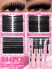 608/544片D型卷翘单根假睫毛套装,包含胶水、定型液、镊子/睫毛夹、睫毛刷,新手友好型DIY假睫毛套装,蓬松浓密自然妆效,家用DIY分段式假睫毛套装,大容量睫毛簇,适用于各种眼妆,经典逼真柔软便携睫毛册 - 彩色 - 查看 19