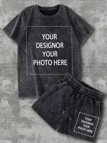 Women's Fashion Custom Patterned Prints, Customizable Text, Personalized Back With Custom Photos/Designs, Retro Distressed Washed Finish T-Shirt And Shorts Sets, Women's Street Style Casual Fashion Sets. - Black - View 1
