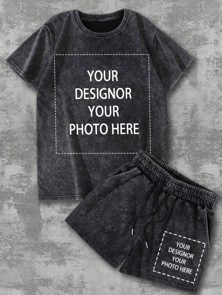 Women's Fashion Custom Patterned Prints, Customizable Text, Personalized Back With Custom Photos/Designs, Retro Distressed Washed Finish T-Shirt And Shorts Sets, Women's Street Style Casual Fashion Sets. - Black - View 1