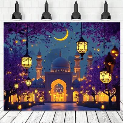 An Elegant Ramadan Mubarak Background With Golden Crescent Moon And Floral Design Is Very Suitable For Eid Al-Fitr Party Decoration, Multi-Functional Photographic Background And Holiday Room And Garden Banners, With Various Sizes And Styles To Choose From.
