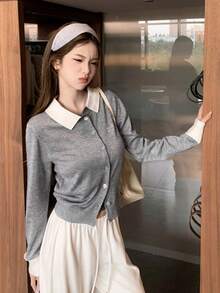 学院风新款针织开衫女式外套 - 灰色 - 查看 2