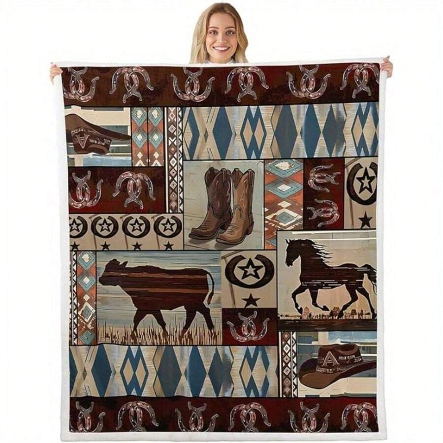 Retro Western Cowboy Theme, Cowboy Boots, Cowboy Hats, Cacti, Feather Design Patterns, Modern Home Style,Super Soft Flannel Printed  Blanket,As Birthday Gifts, Family, Wedding, Souvenir Blankets, Polyester Blankets Suitable For All Seasons, Washable, Machine Washable, Lightweight, Breathable, Comfortable, Warm, Unique, 280gsm For Him, Her Personalized Ideal Gifts For Her, Him, Family, Boyfriend, Girlfriend, Father, Family, Mother, Lover, Daughter, Son, Grandfather, Grandmother, Teacher,Doctor, Nurse,Friend, Classmate, Pet.Perfect Nap, Camping, Travel, Home, Daily Life, Office Decoration, Birthday, Anniversary, Valentine's Day, Thanksgiving, Graduation Season,Christmas, Halloween, Mother's Day, Father's Day, Wedding, New Year Gifts ,Sofa,Bed,Car,Bedroom,Living Room,Office,  Outdoor Camping, Beach,Wall Decoration - Multicolor 21 - View 1