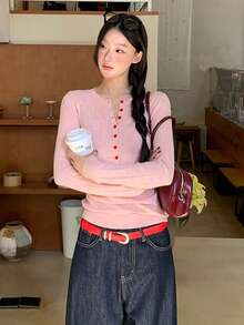 [Y6Y] 女士粉色针织亨利领长袖网纱镂空修身上衣，适合春夏休闲穿着 - 粉色 - 查看 7