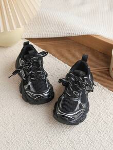 1 Pair Kids Spring/Autumn New Fashion Chunky Sneakers, Soft Sole Versatile Outdoor Anti-Slip Sports Shoes Suitable For Big Children Running/Travel/Casual Wear - Black - View 4