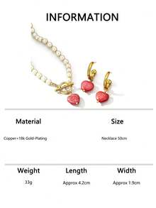 3pcs/Set Valentine's Day New Stone Heart Pendant Pearl Necklace Vintage Elegant Party Jewelry Set Gift - Red - View 6