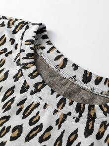 Acelitt 两件套女士米色豹纹休闲T恤和裤子套装，宽松口袋设计 - 彩色 - 查看 4