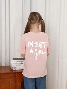 Tween Girl Casual Graphic Print Round Neck Short Sleeve T-Shirt, Summer Top - Pink - View 2