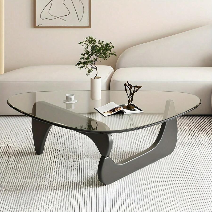 Living Room Coffee Table - A Triangular Glass Coffee Table With A Wooden Base. Abstract Dining Table, Study Room, Office, Hotel Balcony (Walnut TransparentWoodBlack Tea Table), Versatile And Comfortable - Black - View 1