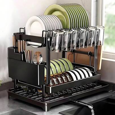 Dish Drying Rack, Stainless Steel Large Dish Rack With Drainer Plate, Cup Holder And Utensil Holder - 2 Tier Dish Racks For Kitchen Counter - Space Saving Dish Drainers For Kitchen Counter And Sink, Apartment Essentials, Kitchen Accessories, Dish Drying Rack: Multifunctional Kitchen Organizer With Utensil Holder, Cutting Board Storage, Space-Saving Counter Solution For Mugs, Dinner Plate, Apartment Essentials, Kitchen Accessories, Home And Room Decor, Valentine's Day, Black