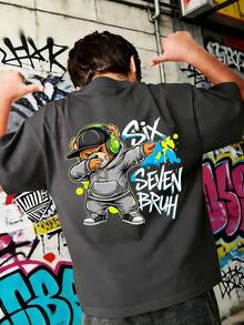 Tween Boy Cartoon Teddy Bear "SIX SEVEN BRUH" Graphic Crew Neck Short Sleeve T-Shirt, Streetwear Style Casual Tee For Summer - Dark Grey - View 1