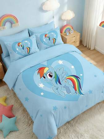  2/3pcs My Little Pony Bedding Set, Cute Cartoon Pattern, Breathable & Soft, Pilling Resistant, Home Textile, Room Decor, Includes 1 Duvet Cover And 1/2 Pillowcases, Excludes Comforter, Suitable For Twin/Full/Queen/King Size Beds, All Seasons, Machine Washable, Elegant Gift, Blue
