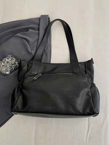 Bolso de hombro de gran capacidad para mujer de unicolor, bolso de mujer de gran capacidad con textura de moda, bolso de mano grande, bolso bandolera personalizado para mujer, adecuado para uso diario y universidad, adecuado para salir, compras, regalos, viajes, ir y venir - Negro - Ver 10