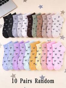 10双随机蝴蝶结设计高弹力女童短袜，蕾丝装饰，百搭日常穿着，适合搭配碎花连衣裙、皮夹克、校服。畅销款 - 彩色 - 查看 8