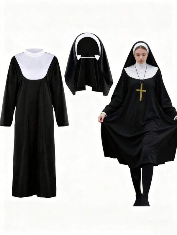 3 Piecesclothing And Accessory Set, Including A Black Dress, A Headpiece And A Cross Necklace, Is Perfect For Halloween, Carnivals, Role-Playing Parties And Thanksgiving.