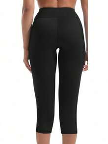 3pcs/Set Plus Size Pocket Printed Yoga Pants, High Waist Fitted Slimming Workout Leggings Capri Pants - 黑色 - 查看 2