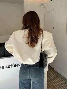 Women's Loose Fit Beige Bomber Jacket, Long Sleeve, Large Pockets, Stand Collar, Casual Street Style Spring Outerwear - Beige - View 10