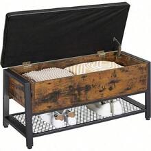 VASAGLE Industrial Storage Bench Bed End Stool with Padded Seat and Metal Shelf Sturdy Steel Frame 39.4 L x 15.7 W x 18.5 H 100 x 40 x 47 cm Rustic Brown + Black - Multicolor - Ver 6