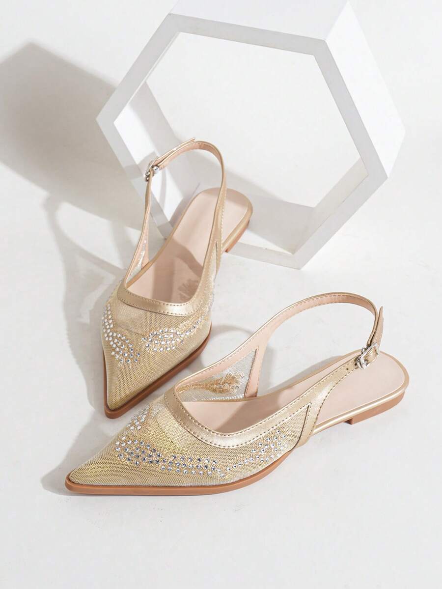 Sapatos de Salto Plano Elegantes e Fashionistas para Mulheres com Decoração de Strass Brilhante, Bico Fino, Design de Bordado em Tela e Tira Traseira, Adequados para Uso Diário, Casamento, Baile de Formatura, Férias, Festa à Noite, Festa de Halloween, Natal, Outono e Festa Noturna - Dourado - Visão 1