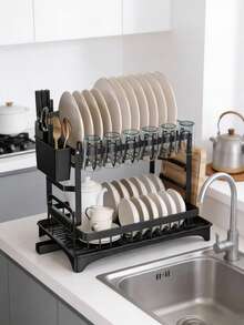 1 Set Removable Dual-Layer Dish Drying Rack, Suitable For Over Sink, Large Capacity Draining Rack Set Includes Dish Rack, Cup Rack, Draining Board, Adhesive Rack And Cutlery Rack - Multicolor - View 7