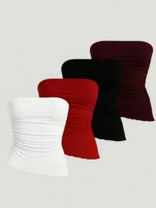 Set Of 4 Strapless Cropped Tops In Stretchy Fabric With Side Draping, Strapless Design, And Wavy Hem, Offering Style And Comfort. - 白酒,紅酒,黑酒 - 查看 3