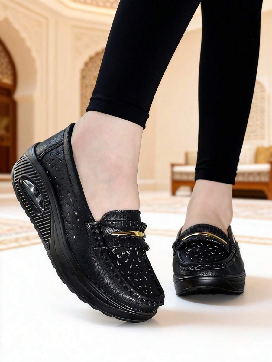 Women's Black Platform Slip-On Shoes. Casual Loafers With Metal Buckle. Handcrafted And Meticulously Designed Uppers, Lace-Free Athletic Shoes. Thick Sole Design For Added Height And Comfort.