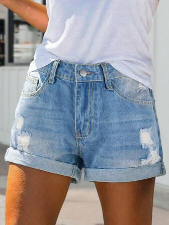 Lässige Damen Denim Shorts in Blau mit Knopfdetails und umgeschlagenem Saum, gerades Bein, Nicht-Stretch Stoff für den Alltag