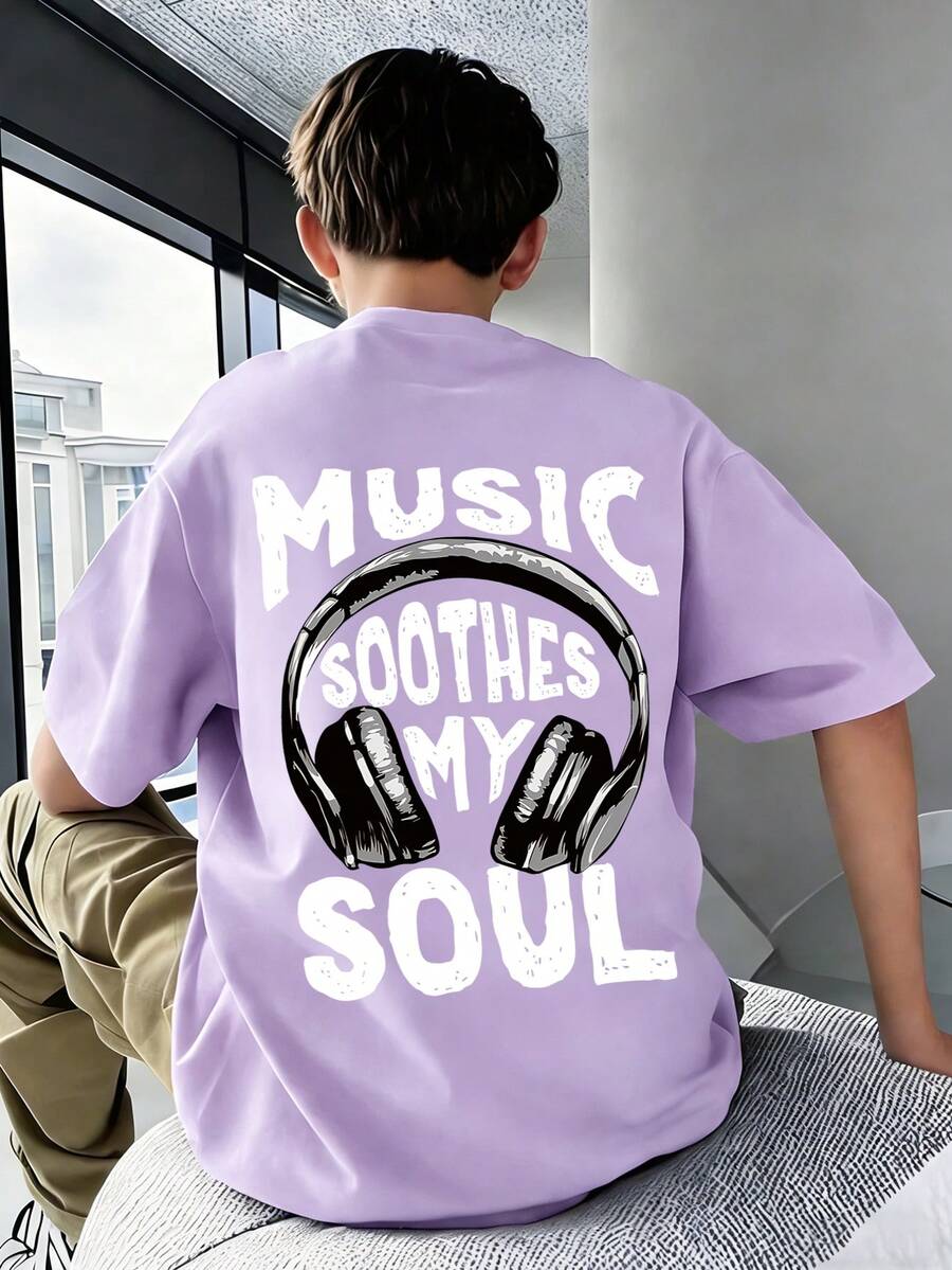 男童休闲时尚音乐艺术家耳机印花圆领短袖T恤，夏季新款童装上衣 - 淡紫色 - 查看 1
