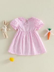 Toddler Baby Girl Easter Dress A Line Bunny Embroidered Plaid Ruffled Trim Crew Neck Short Sleeve Dress - Pink - View 7