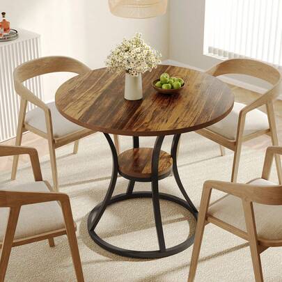 Tribesigns Round Dining Table For 2-4, 80cm Kitchen Dining Room Table With Storage & Metal Base, Small Wooden Circle Dinner Tables Space Saving Kitchen Tables For Living Room, Rustic Brown
