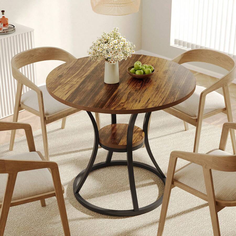 Tribesigns Round Dining Table For 2-4, 80cm Kitchen Dining Room Table With Storage & Metal Base, Small Wooden Circle Dinner Tables Space Saving Kitchen Tables For Living Room, Rustic Brown - Marrón - Ver 1