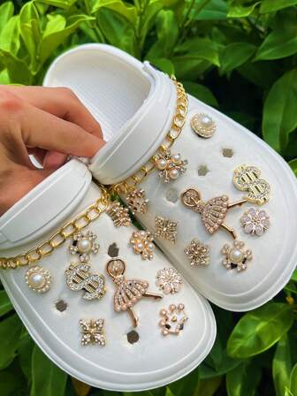 20pcs Gold Pearl Rhinestone Ballerina Chain Shoe Clips, Removable Decorative Buckles Suitable For Beach Sandals, Hollow Shoes, Holiday Gifts, All Seasons