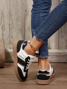 Zapatos deportivos casuales para mujer, diseño de patchwork con cordones para el hogar, uso diario, correr, entrenamiento físico - Negro - Ver 5