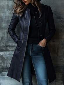 Jaket Kulit Wanita Vintage Warna Biru Tua dengan Kerah Kontras, Musim Semi/Gugur - Navy Blue - View 3