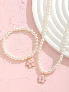 2pcs Delicate Small Pink Alloy Flower Pendant Bracelet Necklace Jewelry Set, Suitable For Men And Women, Can Be Given As Gifts Or Accessories To Friends - White - View 2