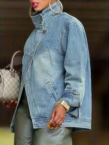 Women's  Oversized Denim Jacket: Metal Asymmetrical Buttons & Stand Collar - Ideal For Daily, Commute, Travel & Outings - Màu xanh lam - Xem 5